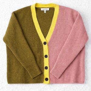 White Birch Pink and Olive Cardigan with Yellow Trim